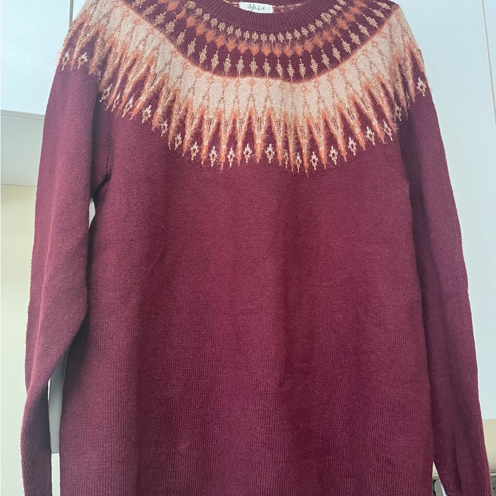 Style and Co Burgundy Knit Sweater with Patterned Yoke
Machine wash gentle cold - Picture 3 of 9